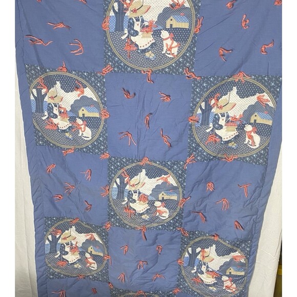 Vintage Holly Hobbie Cat Handmade Quilt Lap Blanket Blue Folk Country Cottage - Picture 2 of 8